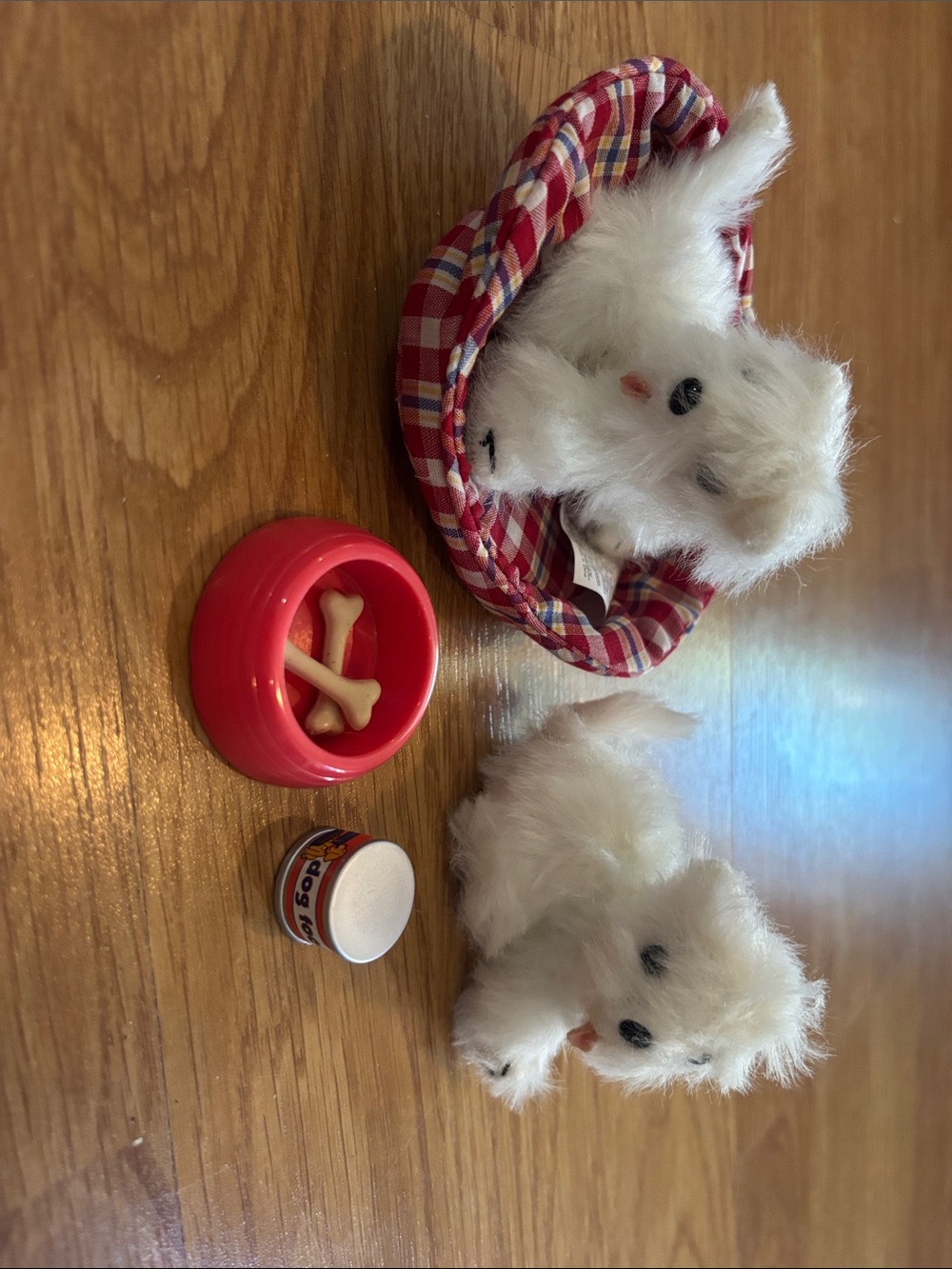 Plush White Small Pet Playset with Red Bowl and Plaid Bed Doll Toys